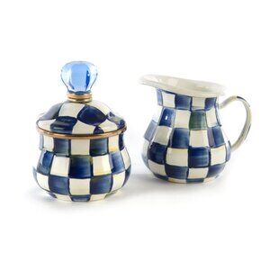 Mackenzie Childs enamel Royal Check Blue Creamer and Sugar Bowl with Lid NIB